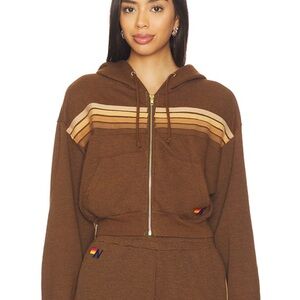 Aviator Nation 5 stripe cropped zip hoodie in espresso & chocolate